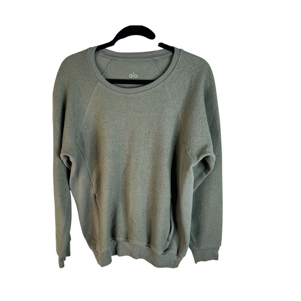 Alo Yoga Women's Green Borg Fleece Mixed Media Zipper Pocket Sweatshirt Size Med